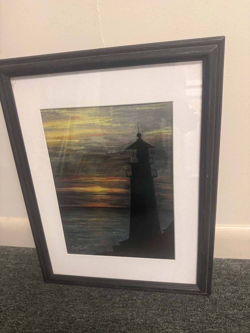 Framed Original Signed Art Lighthouse Silhouette Dramatic Sunset Over the Ocean